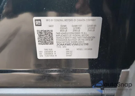 2022 Chevrolet Equinox Awd Rs z USA, uszkodzony, nr VIN 2GNAXWEV5N6152398